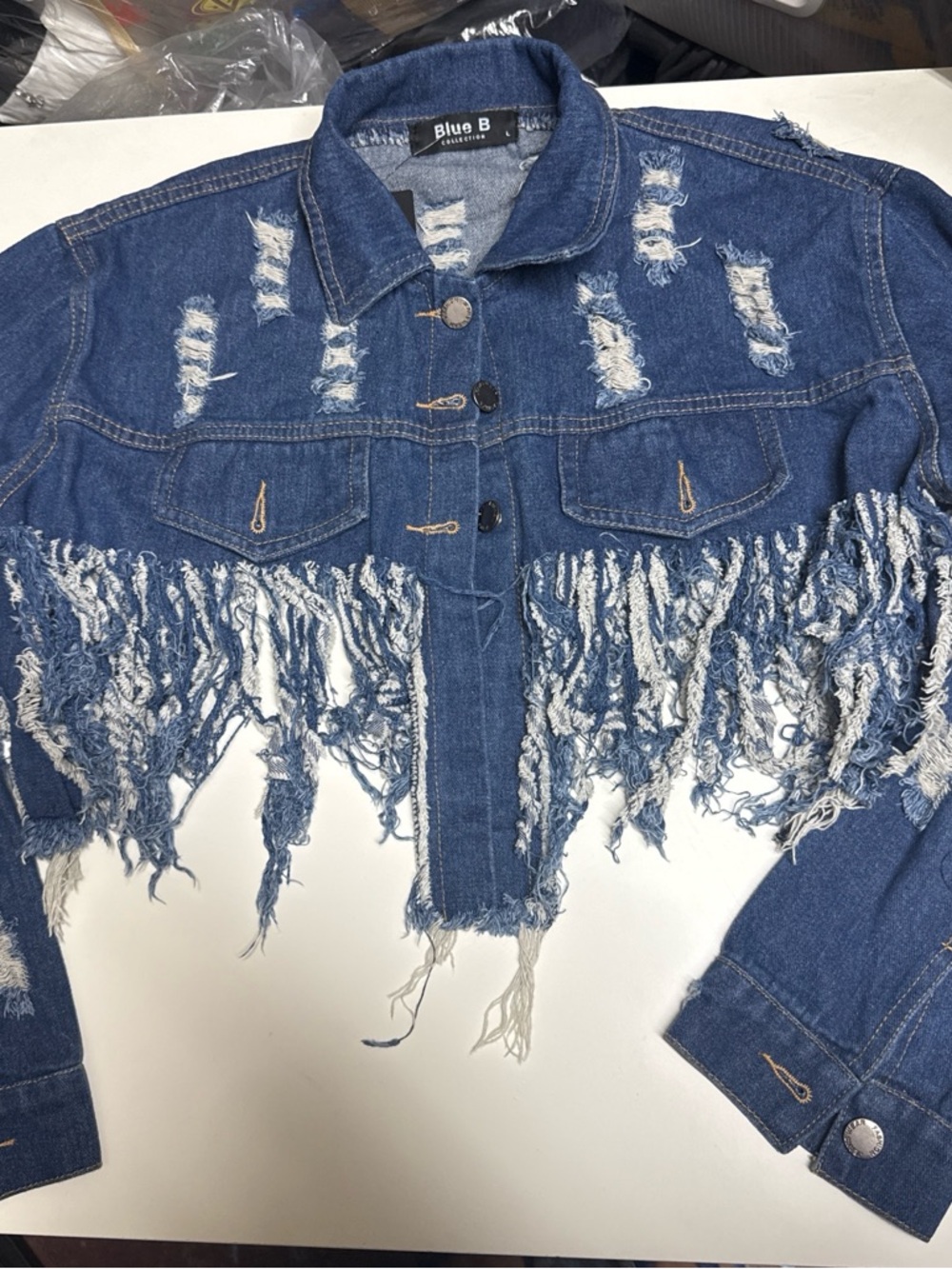 Blue B Distressed Fringe Crop Denim Jacket - Blue